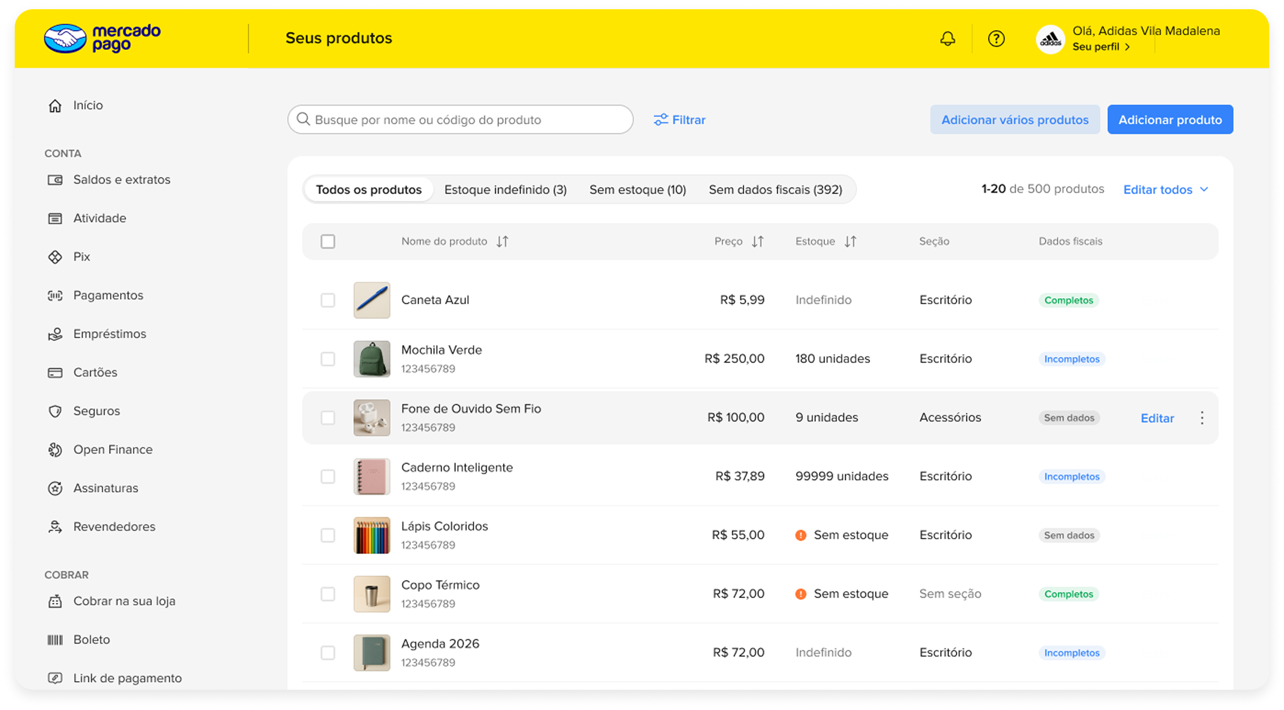 Alerts as tabs, product table and add actions
