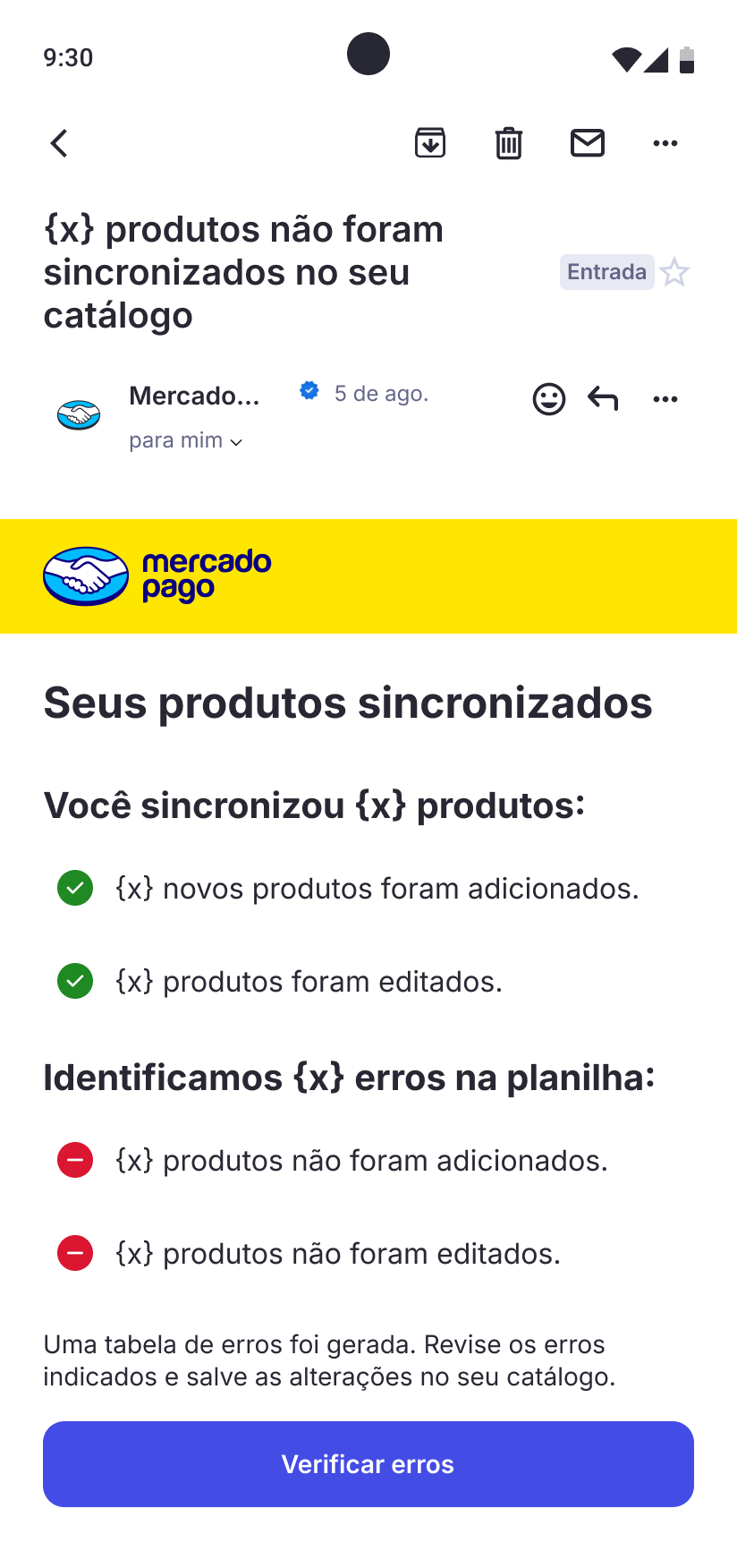 E-mail de notificação com botão Verificar erros como entry point