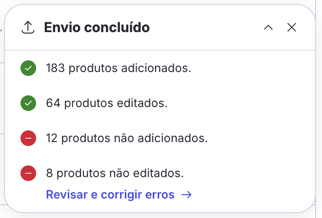 Widget Envio concluído com link Revisar e corrigir erros