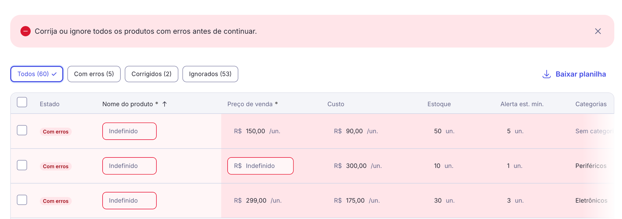 Zero produtos prontos — mensagem inline e linhas destacadas