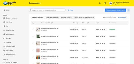Seller product catalog screen